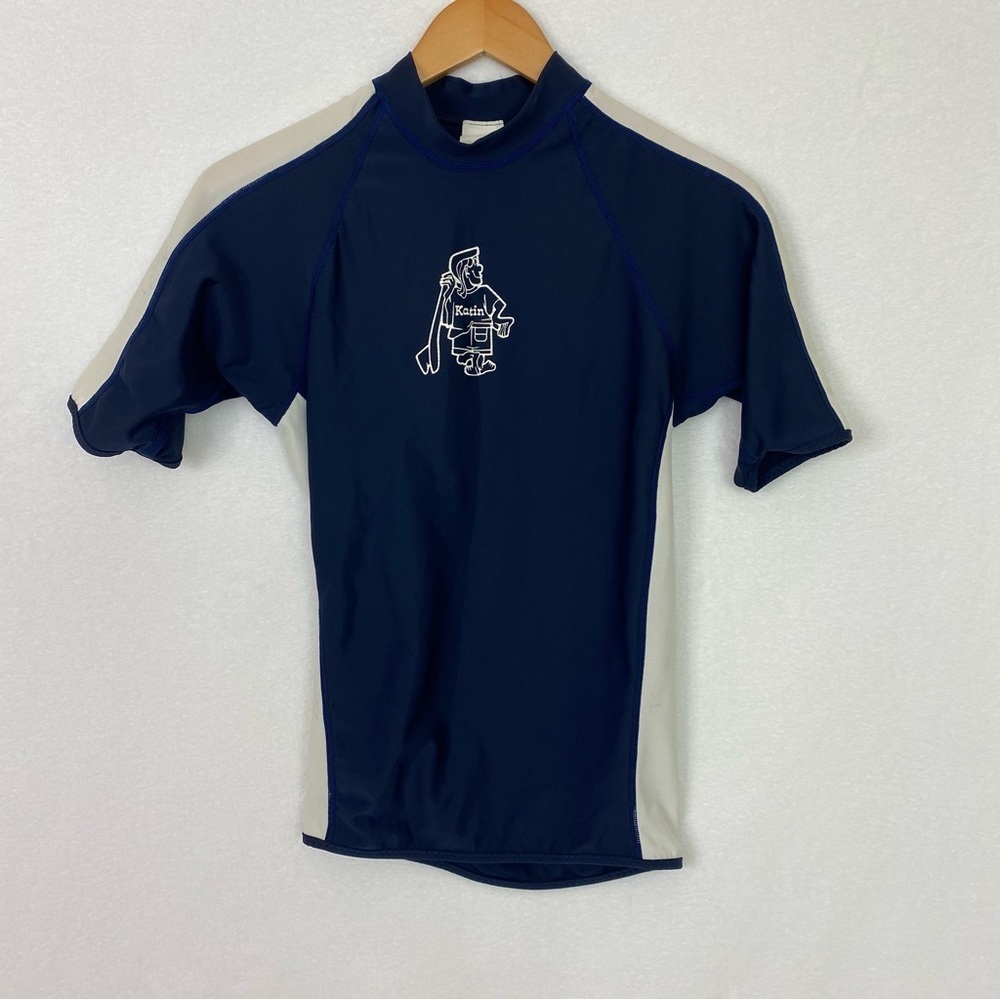 Katin USA Surf Boys Youth Rash Guard Size Large Blue White Short Sleeve USA Made
